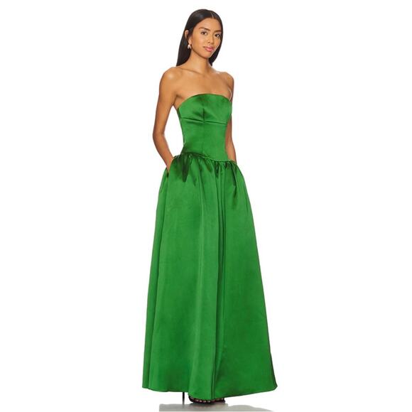 Self-Portrait Green Satin Bandeau Strapless Maxi Dress Size 2 - Picture 4 of 14